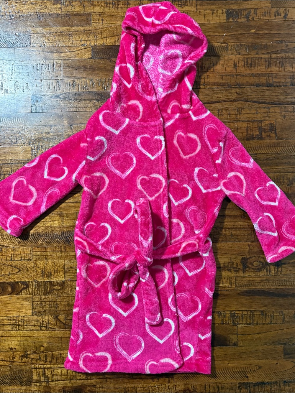 Plush Hooded Kids Robe with Heart Print - Hot Pink